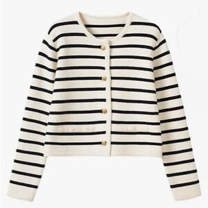 Old Money Navy and Ivory Striped Button Down Crewneck Sweater w/ Gold Buttons